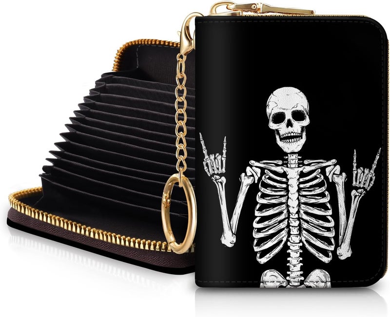 Blusabaca RFID Credit Card Holder Wallets for Women, Small Card Case Wallet with Keychain and Zipper, Skull Skeleton Rock Funny Leather Card Holder Pocket Business Accordion Wallet - Image 1
